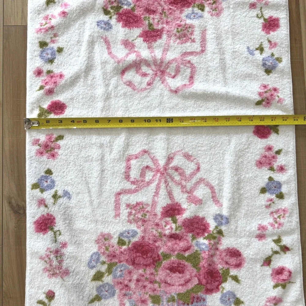 Fieldcrest Vintage Floral Basket Pink Bow Fringed Bath Towel 100 Cotton USA Made